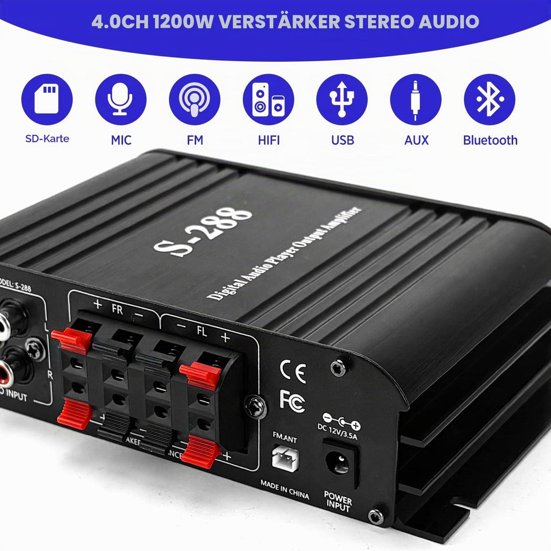 4.1-Kanal Verstärker, 1200W Mini HiFi Stereo Verstärker, Bluetooth 5.0 für Heimlautsprecher 35W x 4