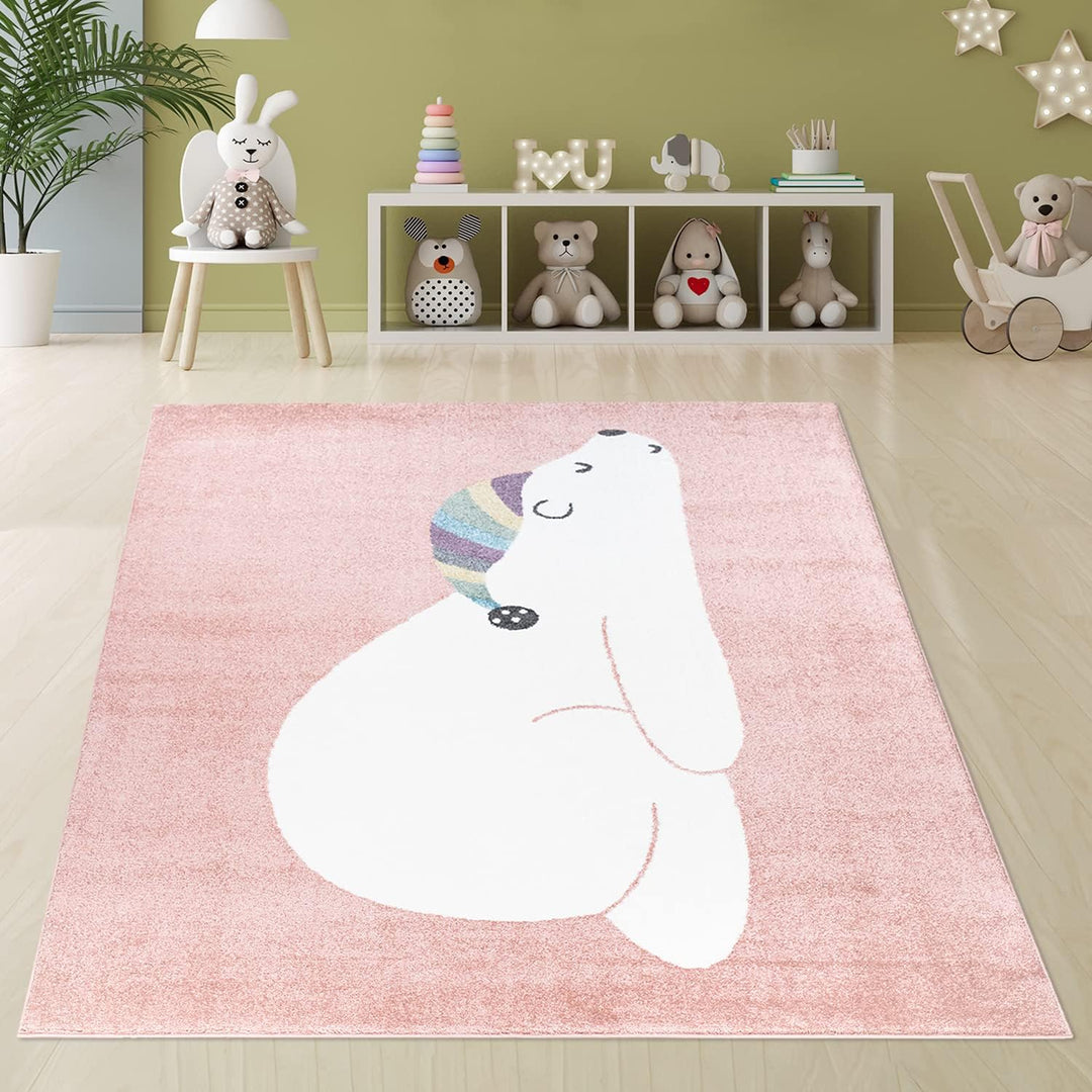 payé Teppich Kinderzimmer - Rosa - 120x160cm - Pastellfarben Spielteppich Kinderteppich Kurzflor Wei