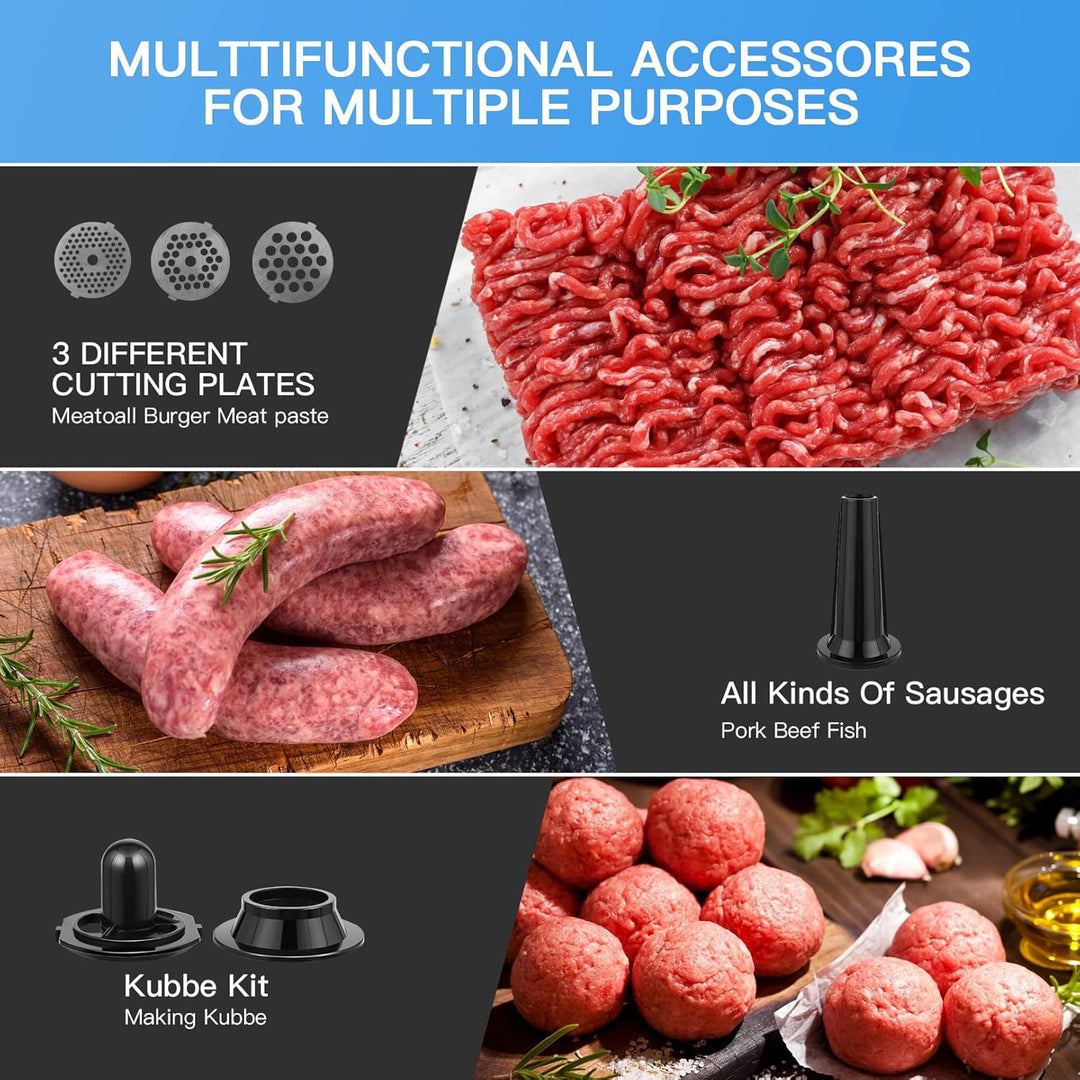 Fleischwolf Elektrisch,2000W Multi Küchenmaschine Wurstmaschine mit 3 Lochscheiben, 4 Kegel-Klingen,