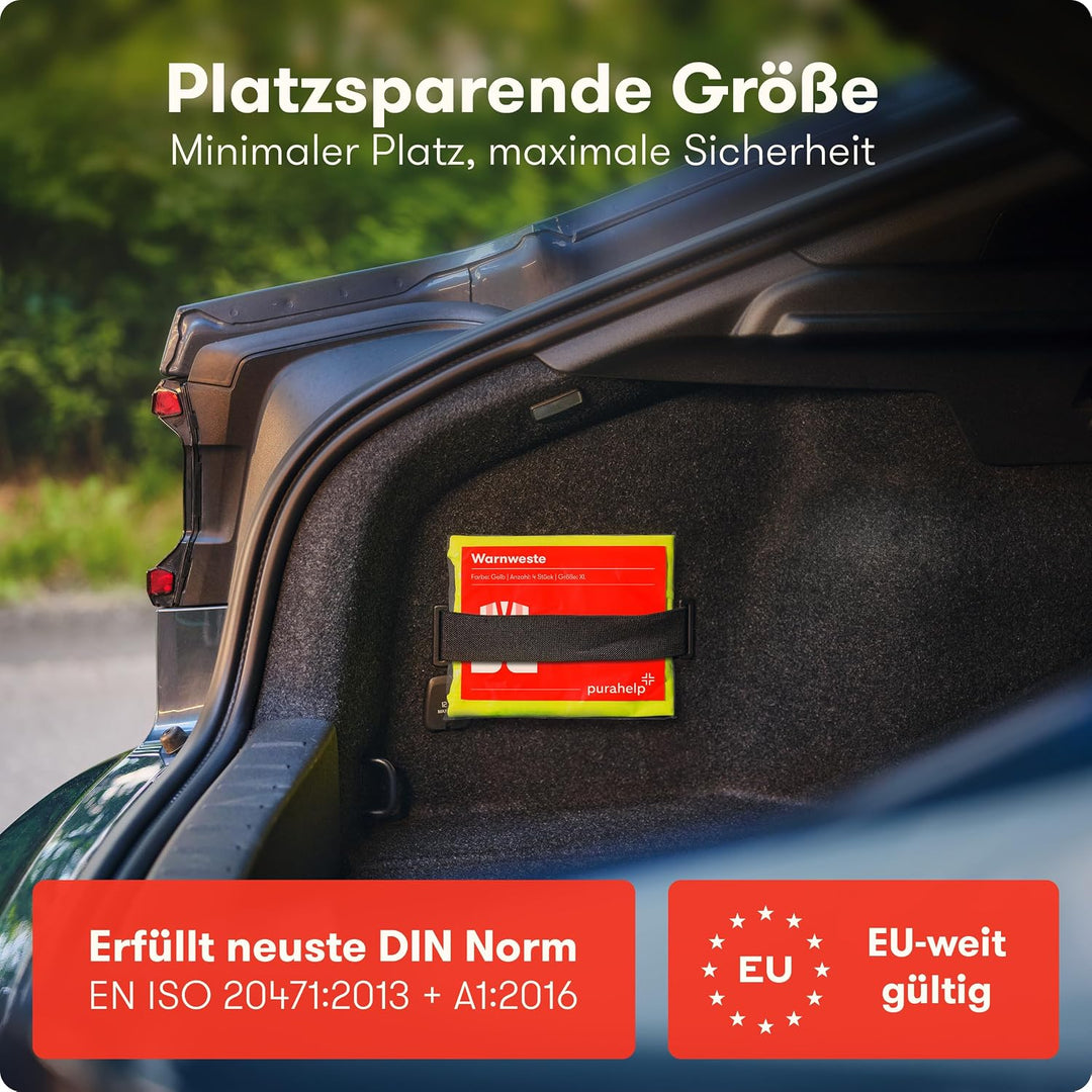 PURAHELP Warnwesten Auto 12er Set Europaweit gültig nach EN ISO 20471 - Reflektierende Warnweste Aut