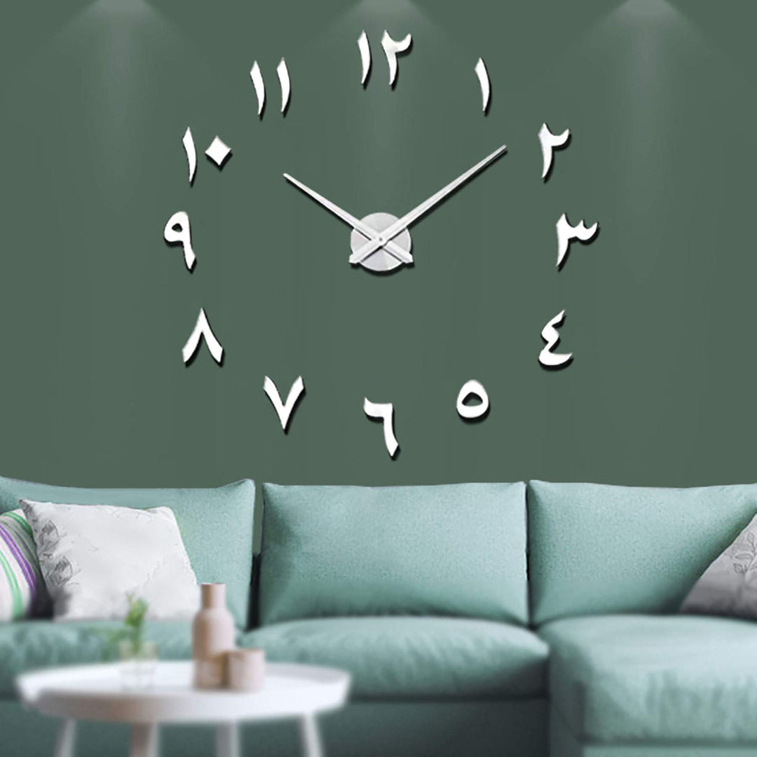 Vangold Arabische Moderne Mute DIY grosse Wanduhr 3D Aufkleber Home Office Decor Geschenk (Silber),