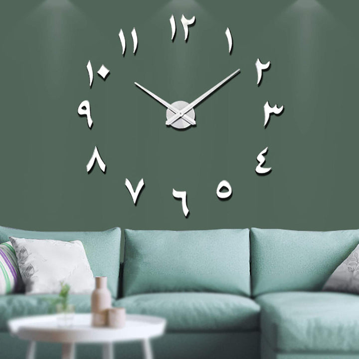 Vangold Arabische Moderne Mute DIY grosse Wanduhr 3D Aufkleber Home Office Decor Geschenk (Silber),