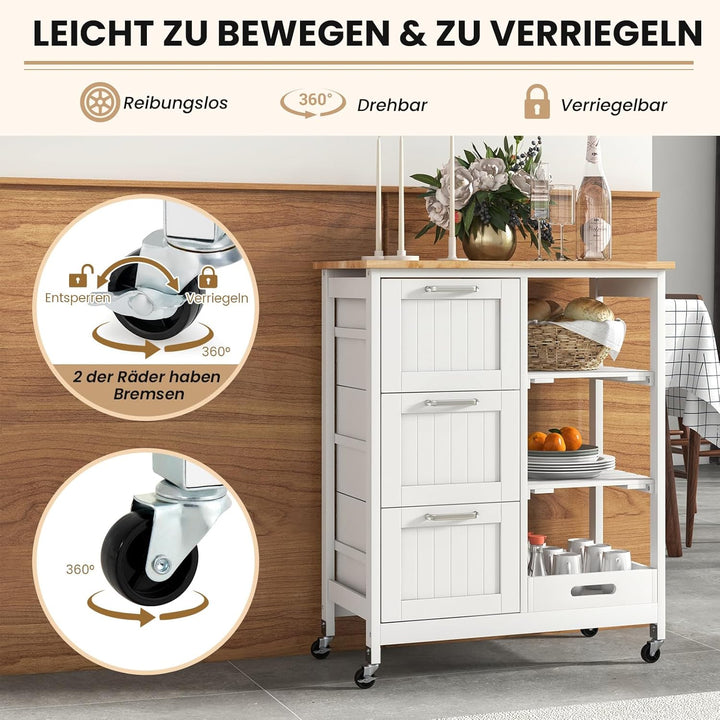 COSTWAY Küchenwagen mit Tablett, 2 Ebenen Lagerregal und 3 grossen Schubladen, Küchenschrank rollbar