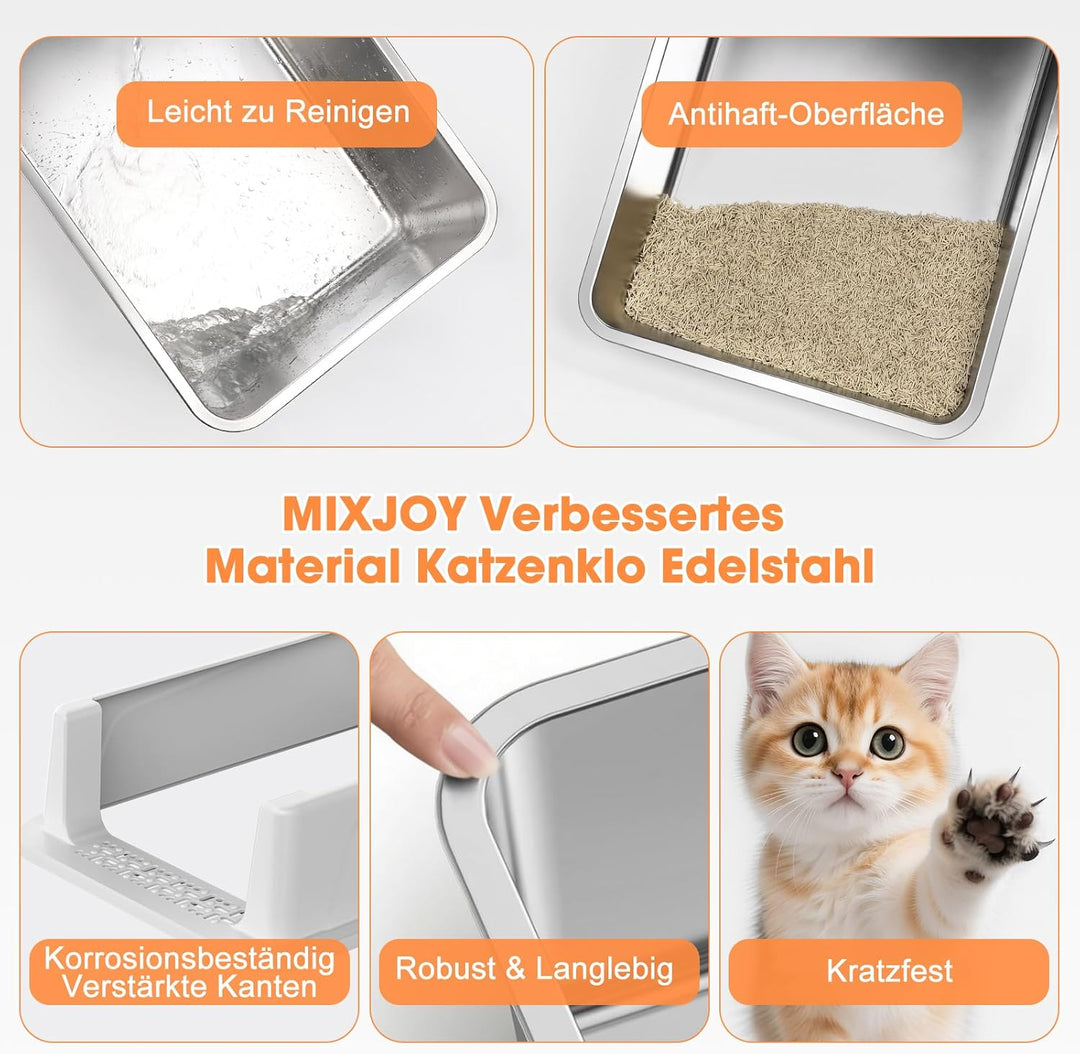 MIXJOY Katzenklo Edelstahl, Katzentoilette Edelstahl 18L Klein für Kätzchen - Offenes Design, Hoher
