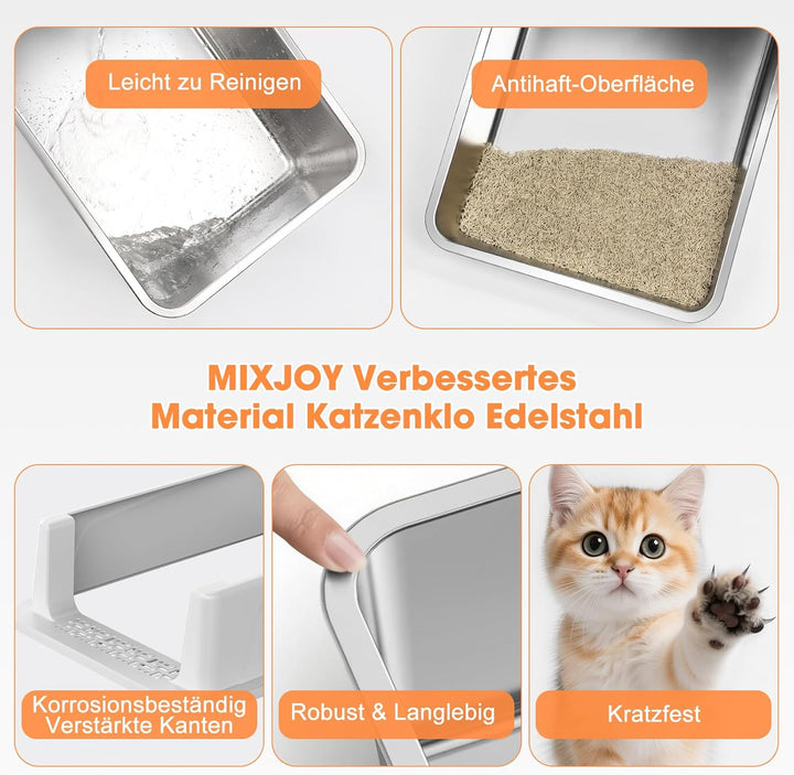 MIXJOY Katzenklo Edelstahl, Katzentoilette Edelstahl 18L Klein für Kätzchen - Offenes Design, Hoher