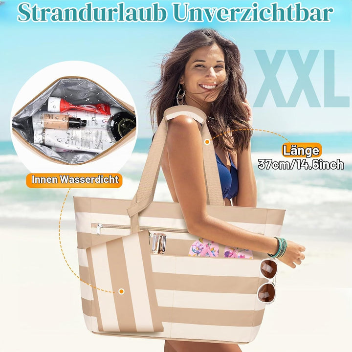 Strandtasche mit Reissverschluss XXL Familie Strandtasche Damen Gross Shopper Tasche Beach Tote Bag