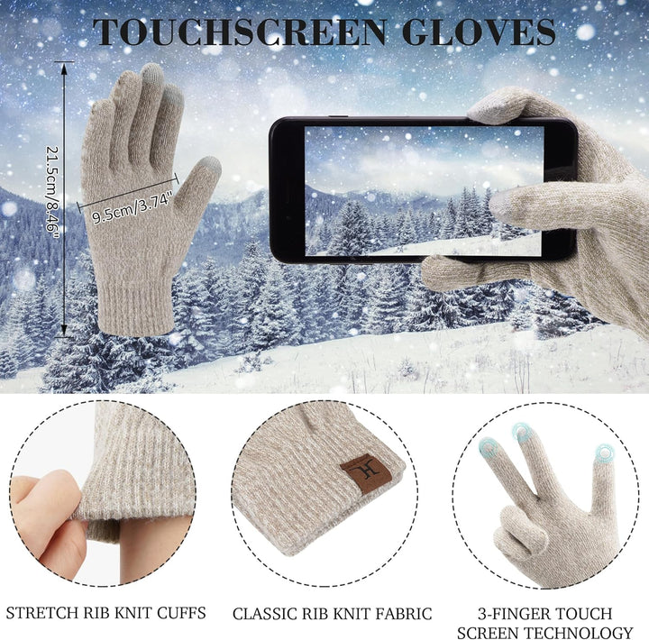 ZASFOU Damen Winter Mütze Schal Touchscreen Handschuhe Set Thermo Beanie Wintermütze Strickmütze Sch