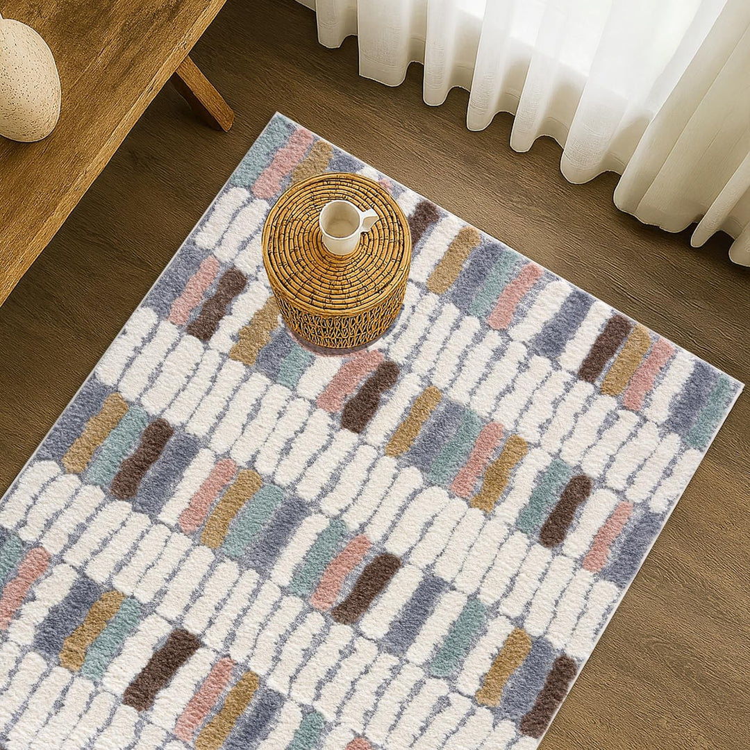 payé Teppich Wohnzimmer - 140x200cm - Hochflor Flauschig Weich - Pastellfarben Multi - Boho Design -