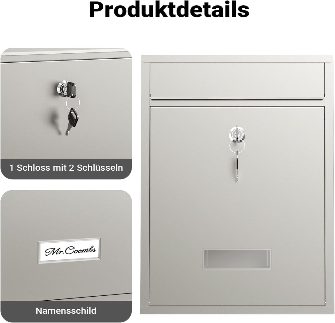 Wiltec Briefkasten V10 Edelstahl 260 x 90 x 350 mm, Wandbriefkasten mit Schloss und Namensschild, Po
