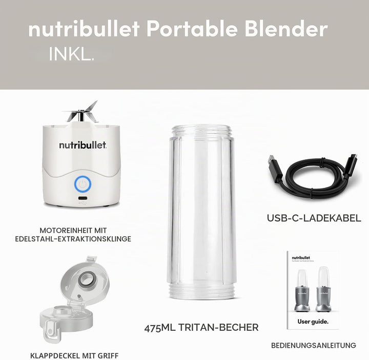 nutribullet Tragbarer 60-W-Mixer in Weiss – leistungsstarke Extraktorklinge, 590-ml-Tasse, To-Go-Dec