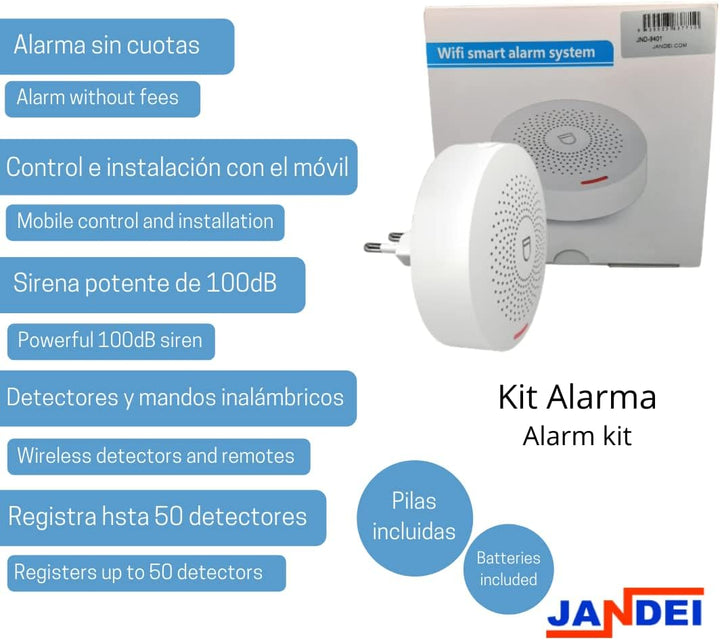 JANDEI - WiFi-Alarm System mit Sirene, Magnetdetektor, Türsensoren, Fernbedienung. Steuerung per Han