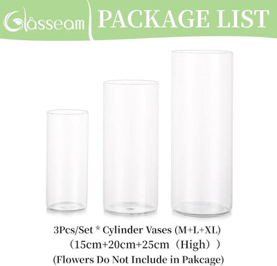 Glasseam Deko Vase Glas Zylinder Tischdeko 3 Stück/Satz Blumen Vasen Set Modern Glasvase Rund Glaszy