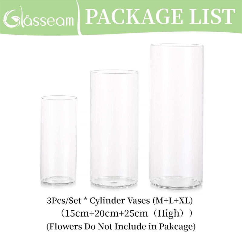 Glasseam Deko Vase Glas Zylinder Tischdeko 3 Stück/Satz Blumen Vasen Set Modern Glasvase Rund Glaszy
