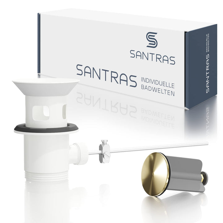 SANTRAS® Exzenter Ablaufgarnitur Premium für Waschtisch mit Schutz vor Überlauf in Weiss/Gold – Komp