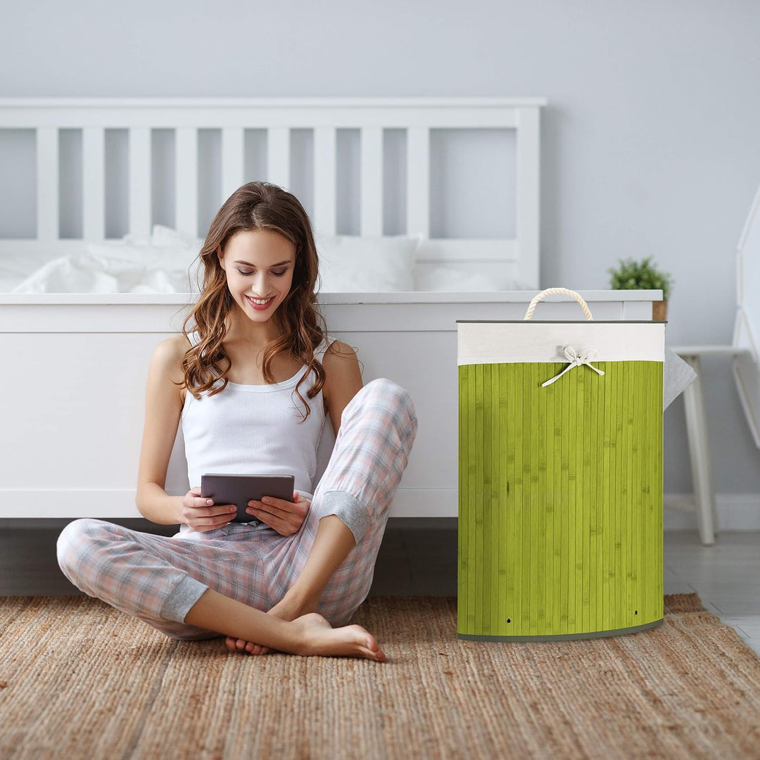 Relaxdays Eckwäschekorb Bambus, faltbare Wäschebox 60 l, platzsparend, Wäschesack Baumwolle, 65 x 49