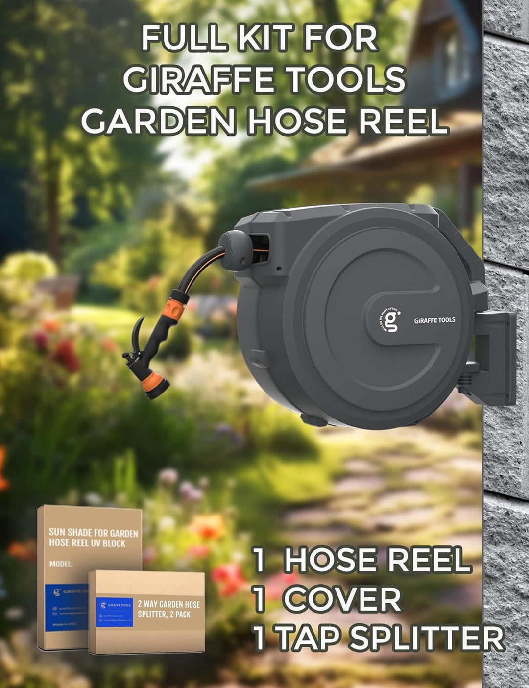 Giraffe Tools Gartenschlauchtrommel-Set mit Wasserhahn-Splitter und Abdeckung, einziehbarer 30 m Sch