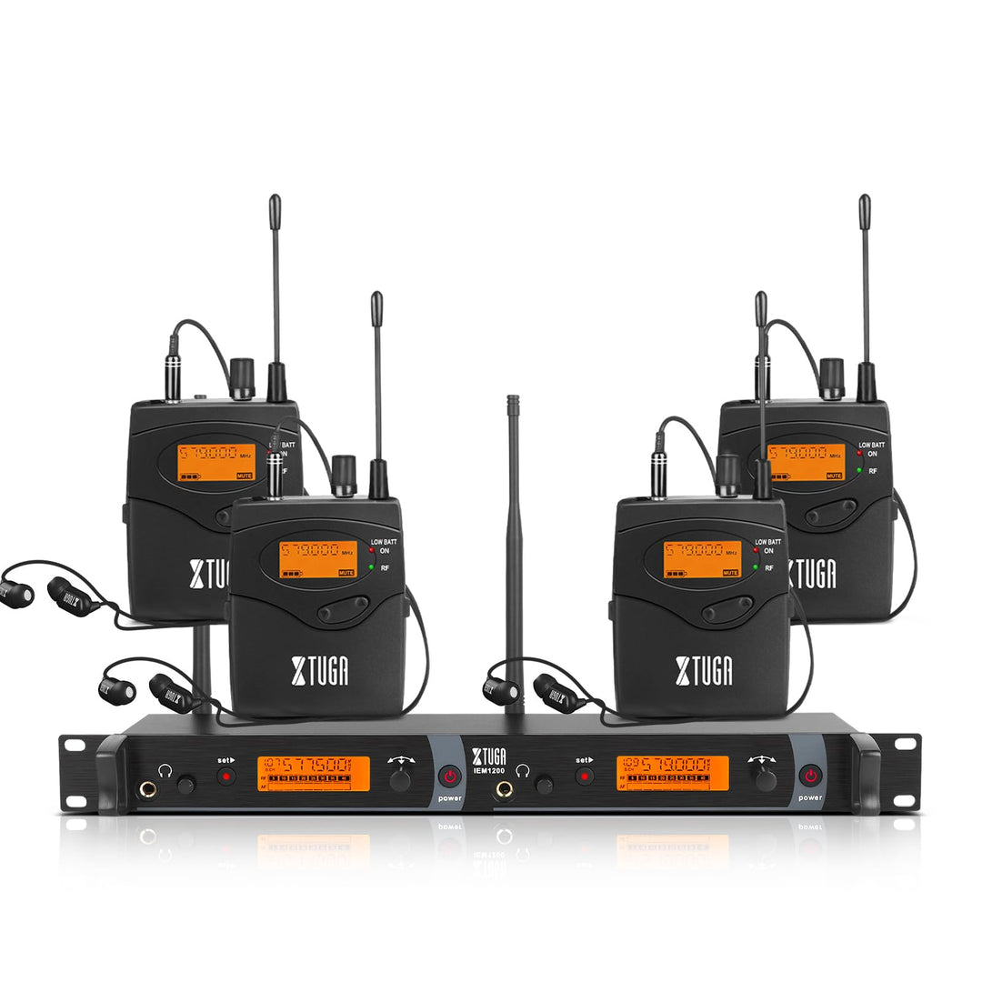 XTUGA Kabellose in-Ear-Rückgabesysteme mit Kopfhörertyp für Bühne und Gitarre, 4 Empfänger mit 2 Kan