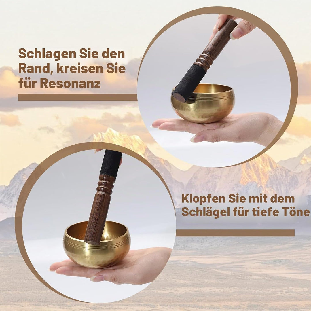 Tibetische Klangschale Set 8cm – Handgefertigte Meditationsschale aus Messing mit Holzklöppel Kissen