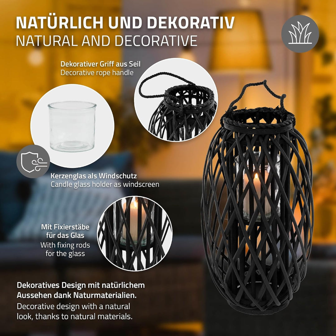 ECD Germany Laterne Ried 50 x Ø28 cm mit Henkel, Schwarz, Seilfaser, Flechtoptik, Rattan Windlicht m