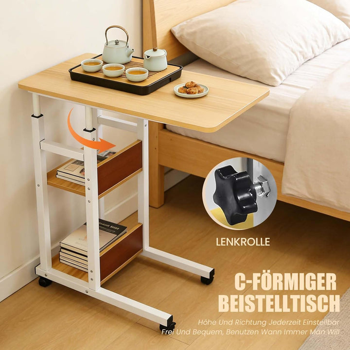 MYKAGS C-förmig Verstellbarer Couchettisch mit verschliessbaren Rollen und 2 Aufbewahrungsregalen, T