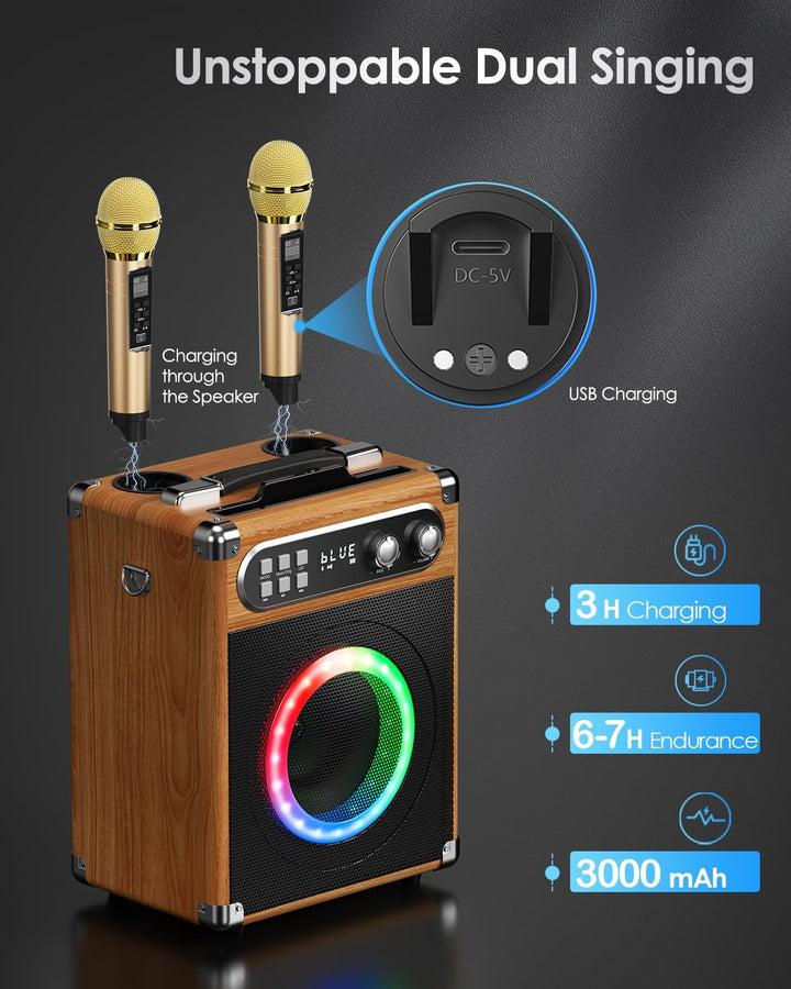 Trsaow Karaoke-Maschine, tragbar, professionell, mit 2 kabellosen UHF-Mikrofonen, PA-System mit DJ-L