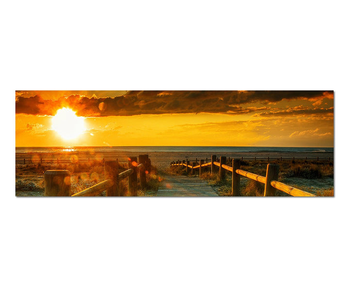 Paul Sinus Art Panoramabild auf Leinwand und Keilrahmen 150x50cm Strand Dünen Steg Meer Sonnenunterg