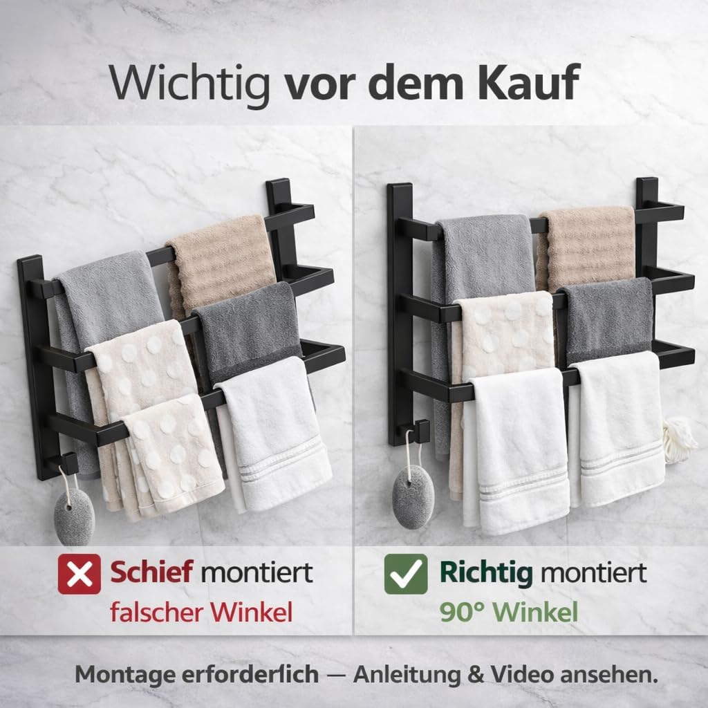Premium Handtuchhalter ohne Bohren oder mit für Bad | Handtuchstange weit von einander = trockenes B