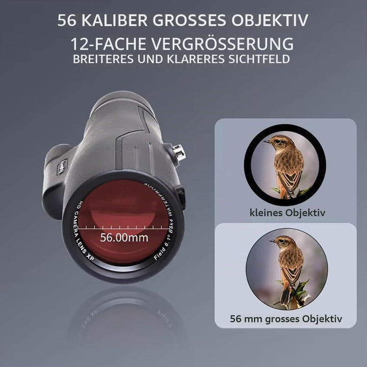 Monokular 12x56ED mit Entfernungsmesser Teleskop IPX7 Stickstoffgefüllt Wasserdicht, 21MM Okular，BAK