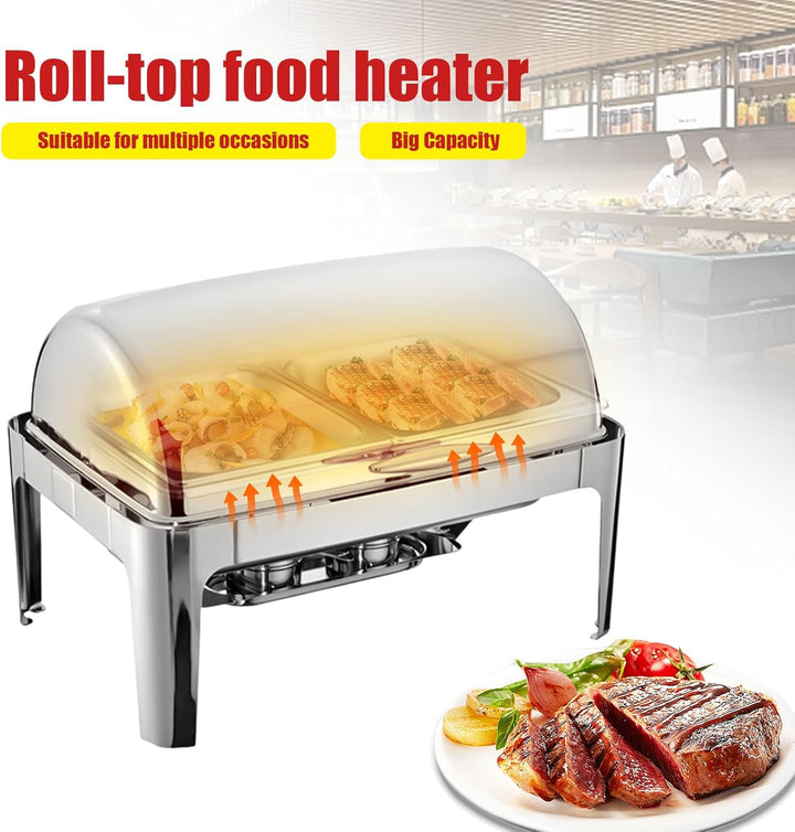 9l Edelstahl Speisenwärmer, Chafing Dish Mit Rolldeckel Speisenwärmer Warmhaltebehälter, Heizplatten