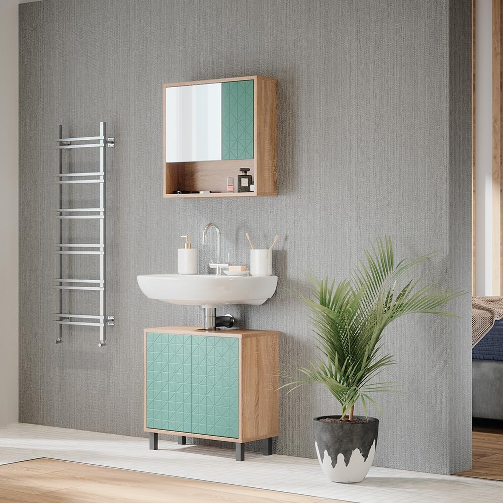 Vicco Bad Spiegelschrank Agasta, Mintgrün/Sonoma, 54 x 53 cm Mintgrün Spiegelschrank, Mintgrün Spieg