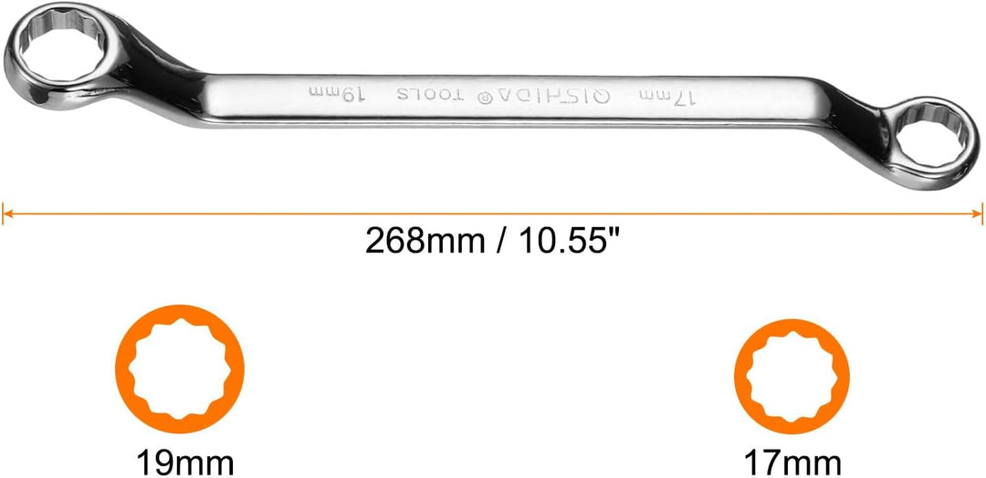 QUARKZMAN 2 Stück 45-Grad-Offset-Ringschlüssel 17mm x 19mm Metrisch 12-Punkt Spiegelverchromter Legi