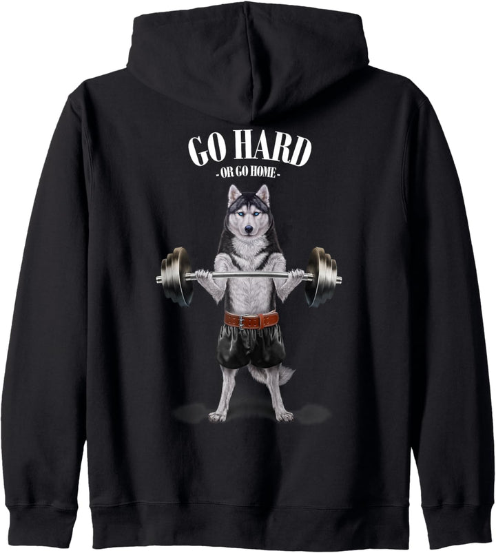 Siberian Husky Hund, der Gewichte im Fitnessstudio hebt Kapuzenjacke
