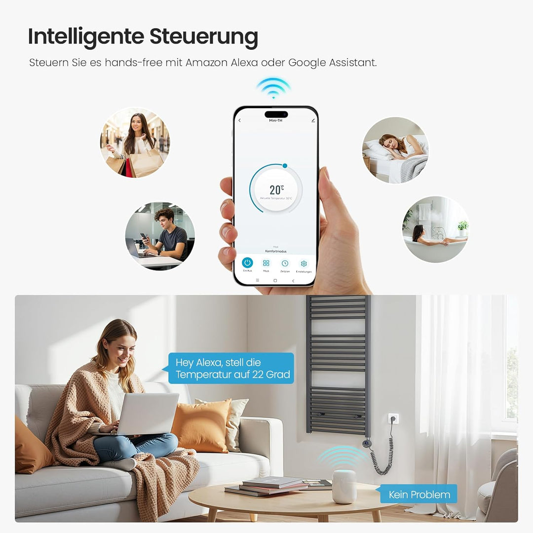 Heilmetz Badheizkörper Elektrisch mit Smart WiFi Heizstab 500W Leistung 1000 x 600 mm Anthrazit Gera