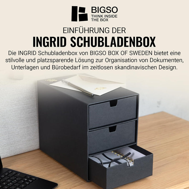 BIGSO INGRID Schubladenbox für Dokumente und Bürobedarf – Schreibtisch Organizer mit 3 Schubladen –