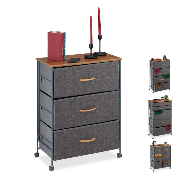 Relaxdays Schubladenschrank mit Rollen, 3 Stoff Schubladen, Deko Stoffschrank, Holzoptik, HBT 74,5 x
