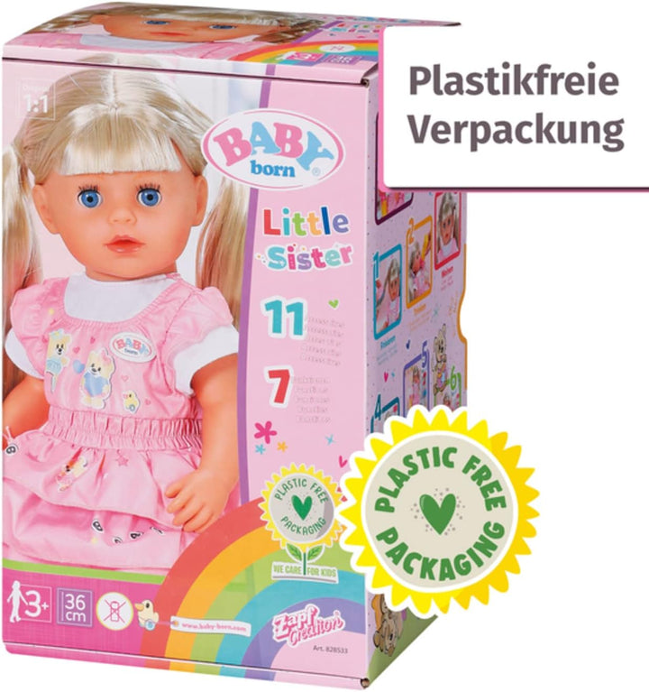 Zapf Creation 828533 BABY born Kindergarten Little Sister 36 cm grosse Puppe mit 7 lebensechten Funk