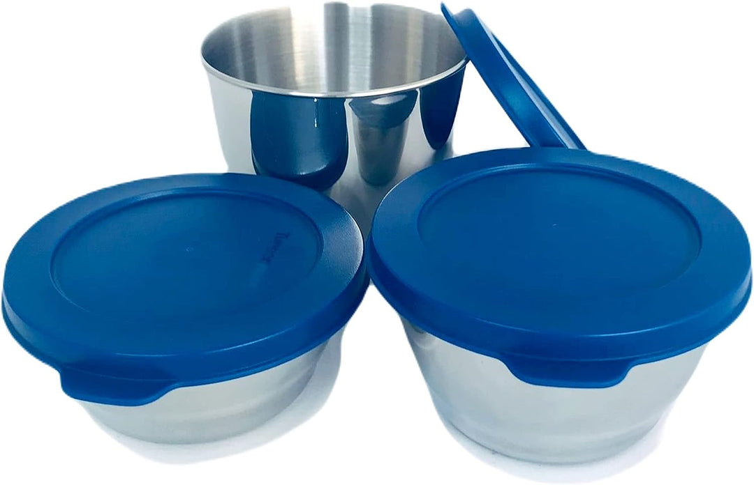 Tupperware SET (3) Tiffin 200 ml + 300 ml + 450 ml Edelstahl metall silver dunkel blau Deckel - Clea