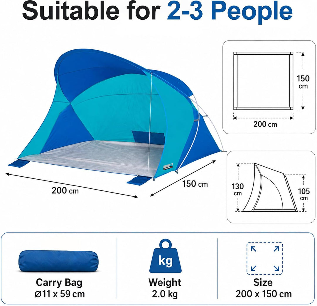 High Peak Strandmuschel mit UPF 40+, Windschutz und PU-2000-mm-Bodenplane | 200 x 150 x 130 cm für 2