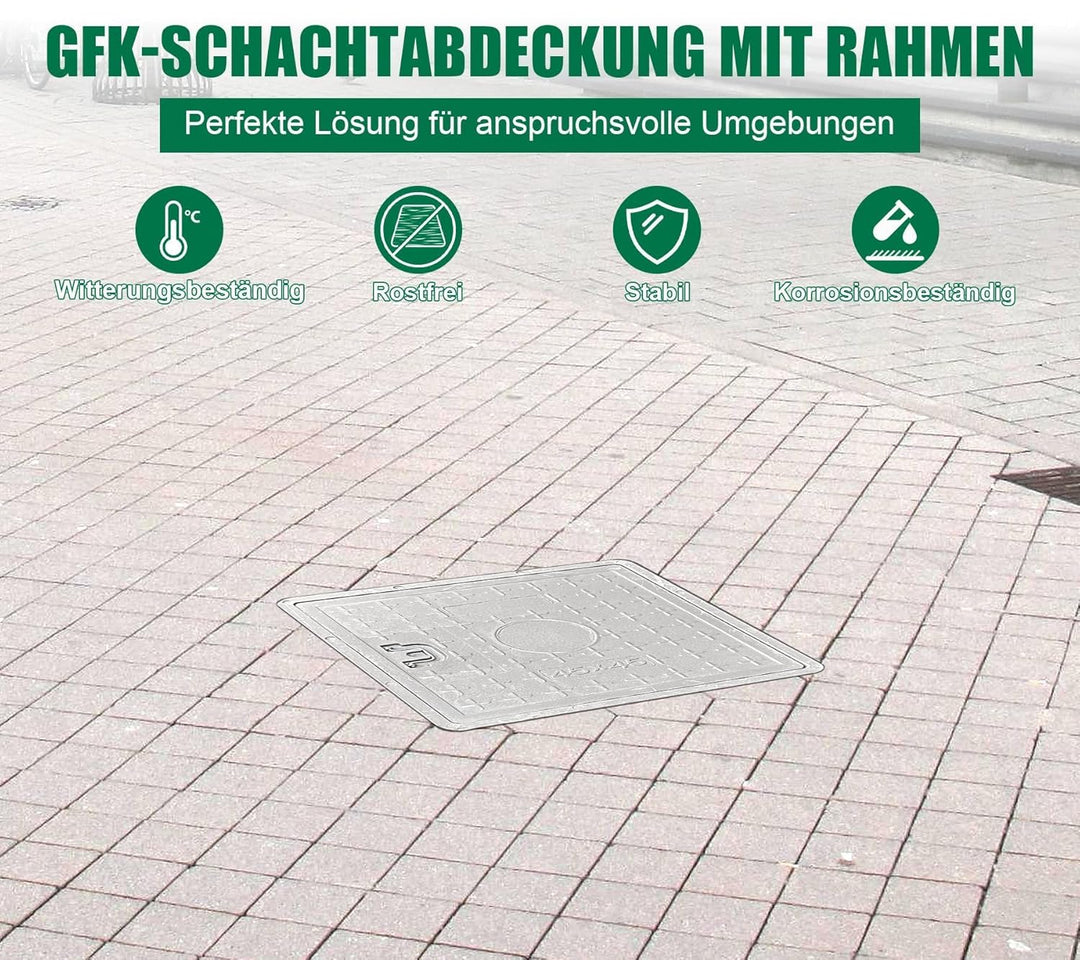 GFK-Schachtabdeckung mit Rahmen Griff 450 x 450 mm EN124 A15 Schachtdeckel Kanaldeckel Revisionsscha