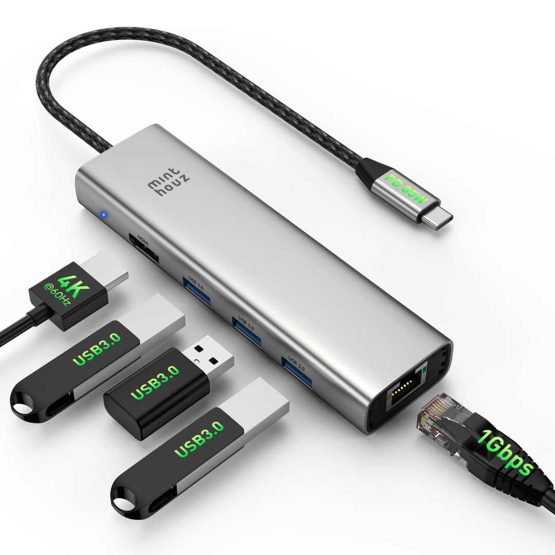 Minthouz USB-C-Hub für Dell, HP Lenovo, 6-in-1-Multiport-Adapter, USB-C-zu-HDMI mit 4K@60Hz, 100W PD