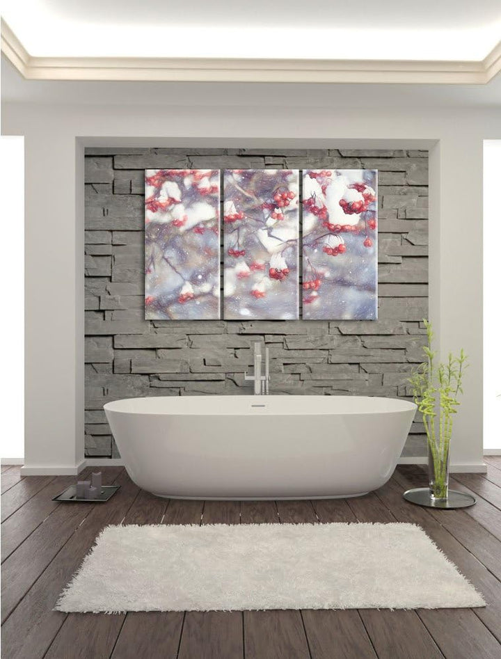 Pixxprint Vogelbeeren mit Schnee bedeckt als Leinwandbild/Grösse: 3 Teilig (120x80) cm/Wandbild/Kuns