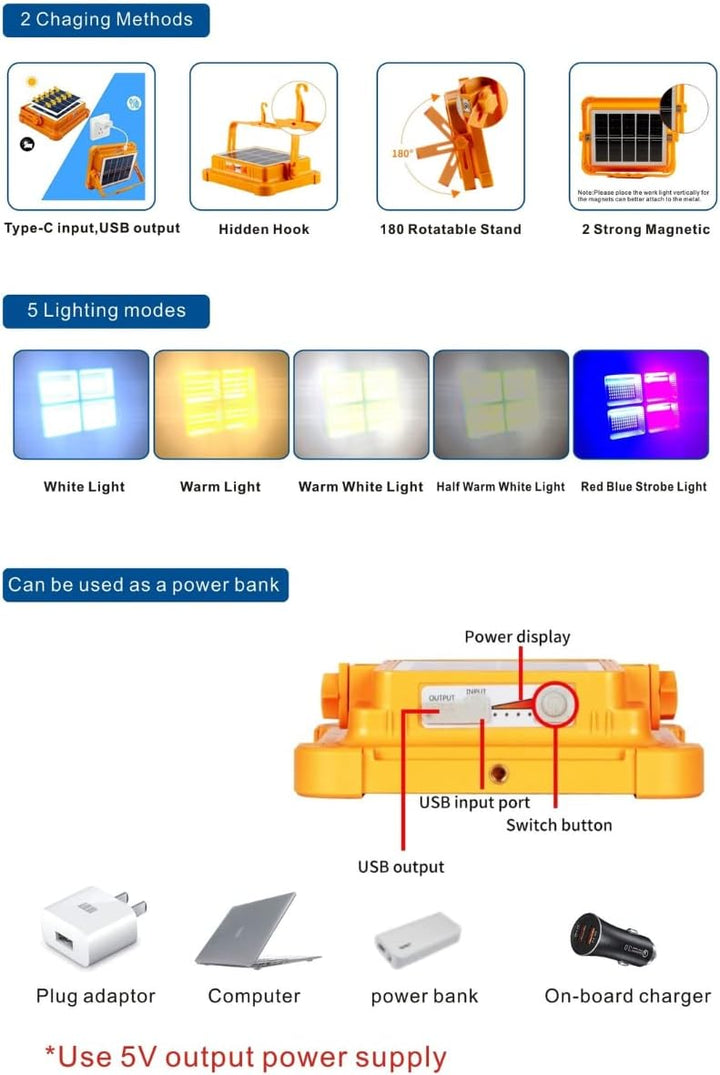 Jandei - 100 W Solar-LED-Strahler, tragbar. 5 Lichtmodi/336 LEDs. Mit Magnet und Halterung. USB/Sola