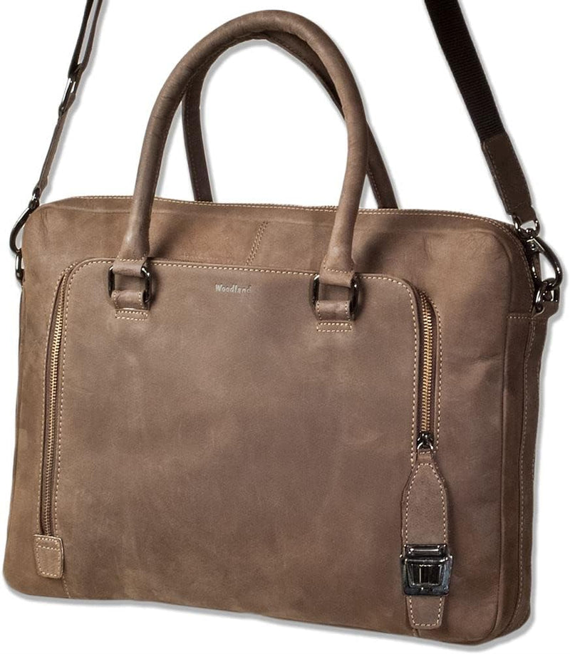 Woodland Laptoptasche/Aktentasche aus naturbelassenem, weichem Büffelleder in Dunkelbraun/Taupe