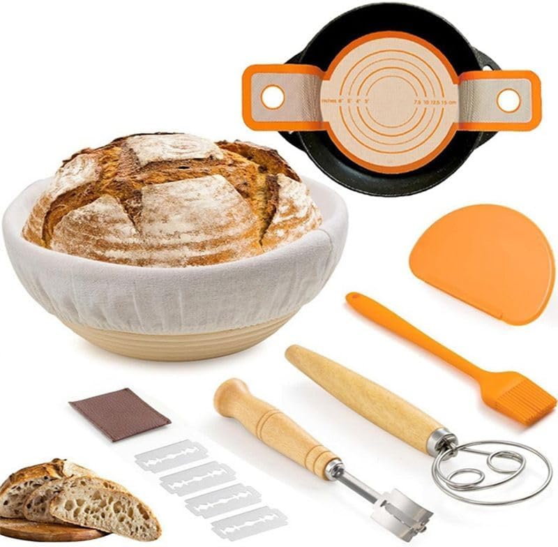 Gärkörbchen Sauerteig Brotbacken Set, Brotgärkorb -Set, Rundes Gärkörbchen, inkl. Teigschaber, Schne