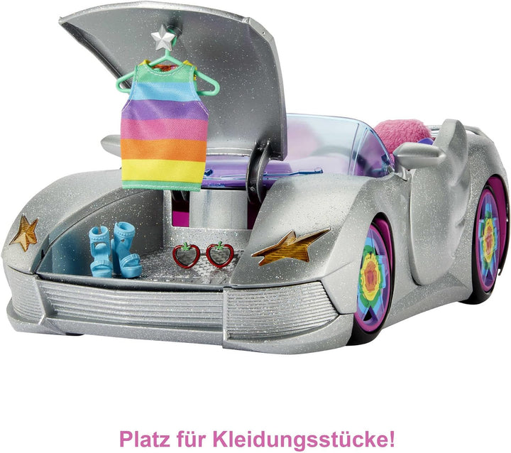 Barbie HDJ47 - Extra Auto Cabrio (glitzert) mit regenbogen Reifen, silbernes Cabrio, rosa Innenausst