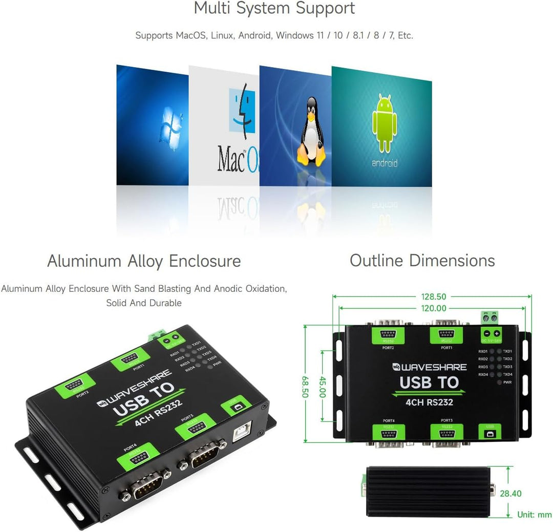 Waveshare Industrial Isolated USB to 4CH RS232 Converter (DB9 Male Interface), Adopts Original FT423