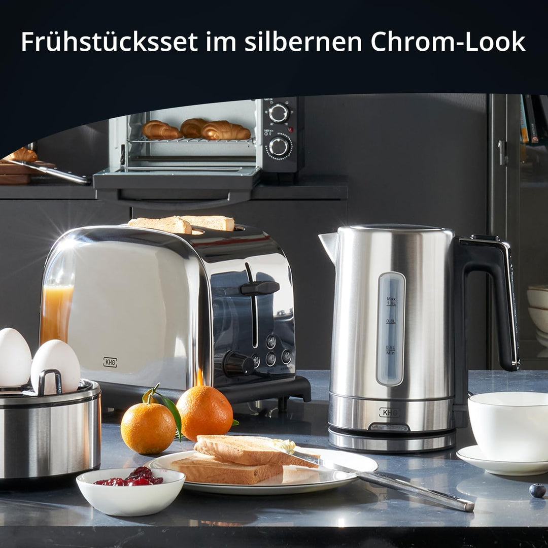 KHG Frühstücksset Wasserkocher & Toaster, Edelstahl Silber Chrom, Kapazität 1 Liter & 2 Scheiben, pr
