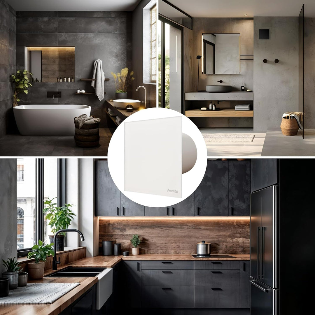 MKK Lüfter Abluftventilator Wohnraumlüfter Echtglas Designfront matt weiss IPX4 Wandmontage Badlüfte