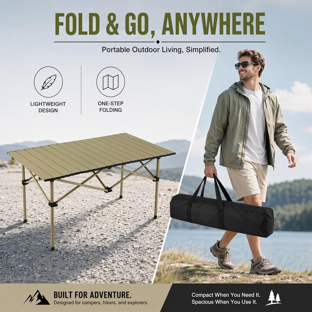 Campingtisch faltbar – Rolltisch mit aufrollbarer Tischplatte, tragbarer Klapptisch aus Stahl inkl.