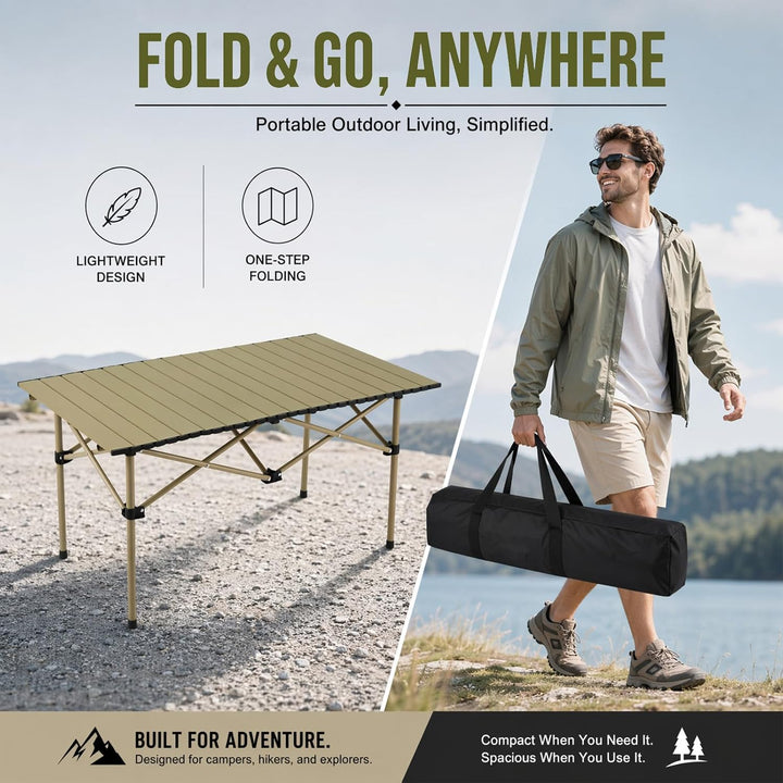 Campingtisch faltbar – Rolltisch mit aufrollbarer Tischplatte, tragbarer Klapptisch aus Stahl inkl.